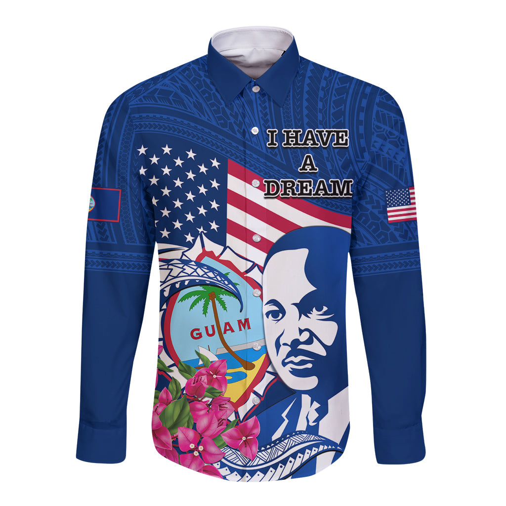 Guam Martin Luther King Jr Day Long Sleeve Button Shirt I Have A Dream Guahan Seal With Bougainvillea LT14 Unisex Blue - Polynesian Pride