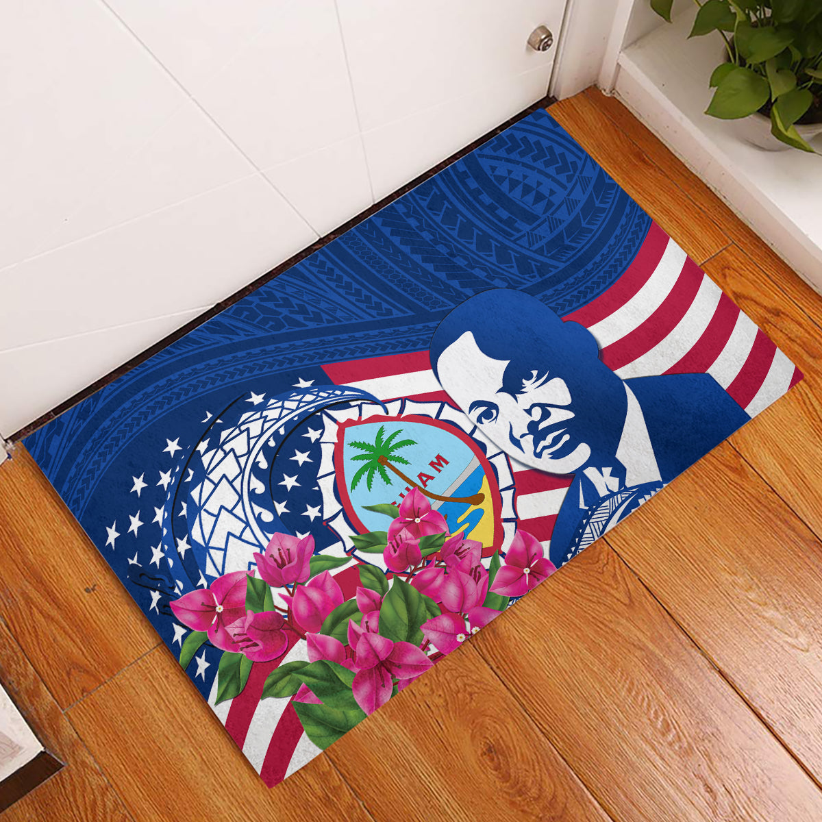 Guam Martin Luther King Jr Day Rubber Doormat I Have A Dream Guahan Seal With Bougainvillea LT14 Blue - Polynesian Pride