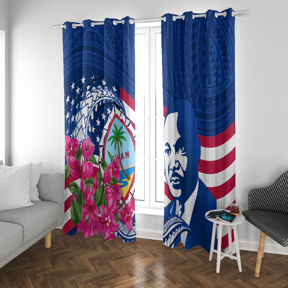 Guam Martin Luther King Jr Day Window Curtain I Have A Dream Guahan Seal With Bougainvillea LT14 With Grommets Blue - Polynesian Pride