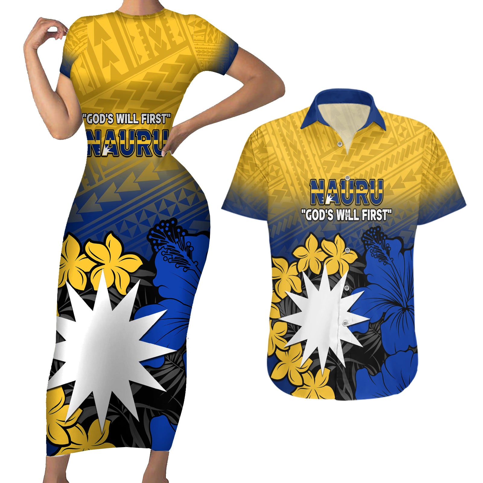 Nauru Independence Day Couples Matching Short Sleeve Bodycon Dress and Hawaiian Shirt Repubrikin Naoero Polynesian Pattern LT14 Blue - Polynesian Pride