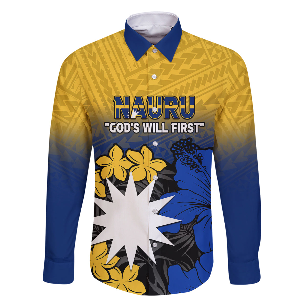 Nauru Independence Day Family Matching Off Shoulder Long Sleeve Dress and Hawaiian Shirt Repubrikin Naoero Polynesian Pattern LT14 Dad's Shirt - Long Sleeve Blue - Polynesian Pride