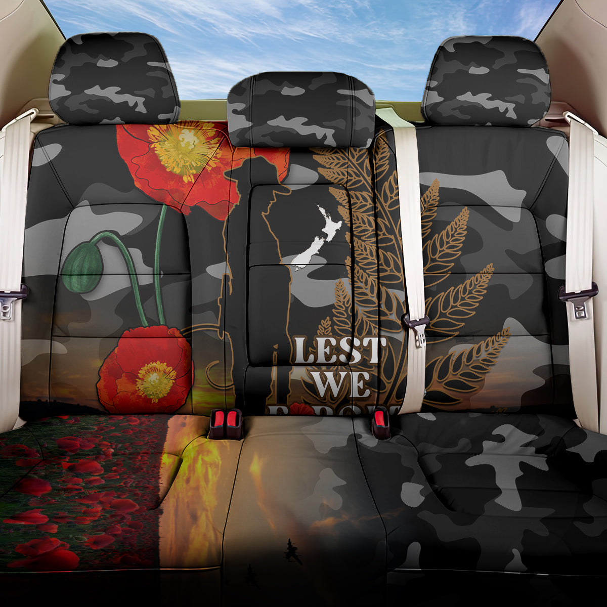 New Zealand ANZAC Day Back Car Seat Cover Lest We Forget Silver Fern With Camouflage LT14 One Size Black - Polynesian Pride