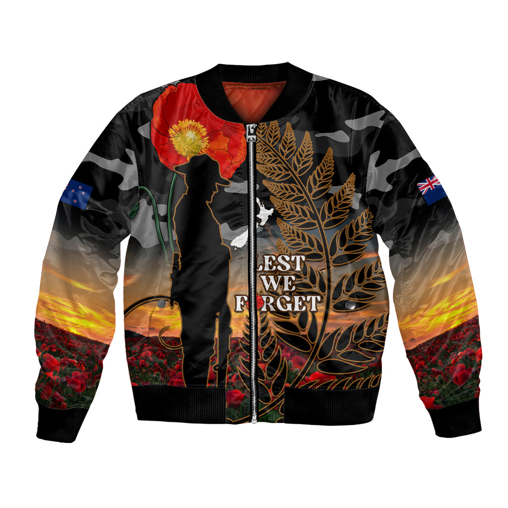 New Zealand ANZAC Day Bomber Jacket Lest We Forget Silver Fern With Camouflage LT14 Unisex Black - Polynesian Pride