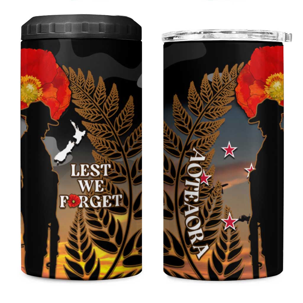 New Zealand ANZAC Day 4 in 1 Can Cooler Tumbler Lest We Forget Silver Fern With Camouflage LT14 One Size: 16 oz Black - Polynesian Pride