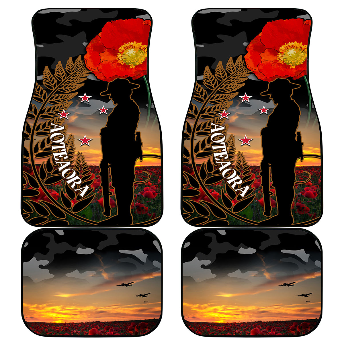 New Zealand ANZAC Day Car Mats Lest We Forget Silver Fern With Camouflage LT14 Black - Polynesian Pride