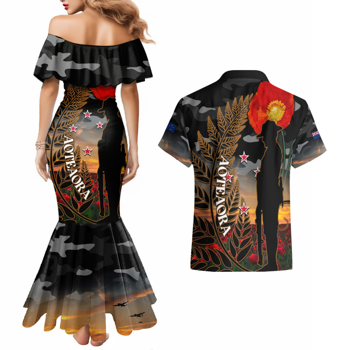New Zealand ANZAC Day Couples Matching Mermaid Dress and Hawaiian Shirt Lest We Forget Silver Fern With Camouflage LT14 - Polynesian Pride