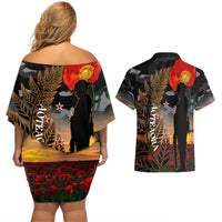 New Zealand ANZAC Day Couples Matching Off Shoulder Short Dress and Hawaiian Shirt Lest We Forget Silver Fern With Camouflage LT14 - Polynesian Pride