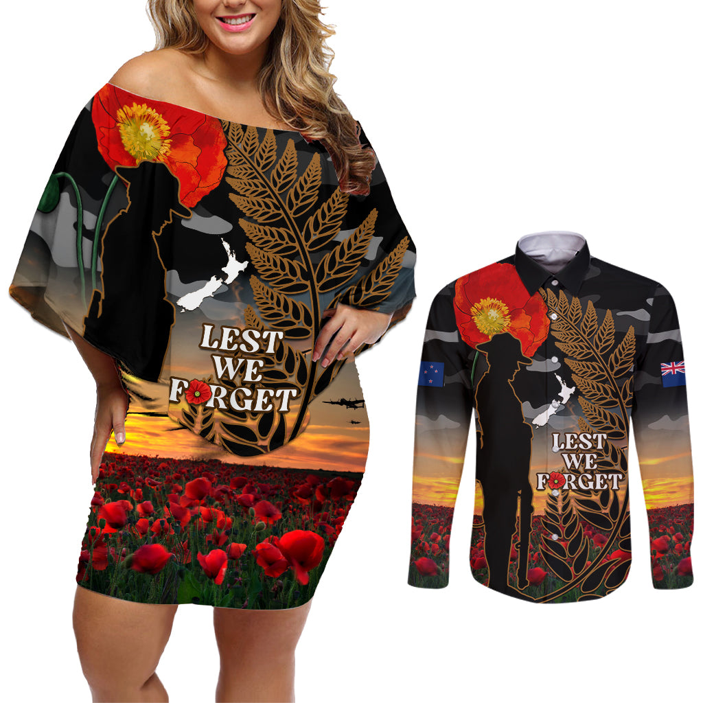New Zealand ANZAC Day Couples Matching Off Shoulder Short Dress and Long Sleeve Button Shirt Lest We Forget Silver Fern With Camouflage LT14 Black - Polynesian Pride