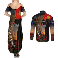 New Zealand ANZAC Day Couples Matching Summer Maxi Dress and Long Sleeve Button Shirt Lest We Forget Silver Fern With Camouflage LT14 - Polynesian Pride