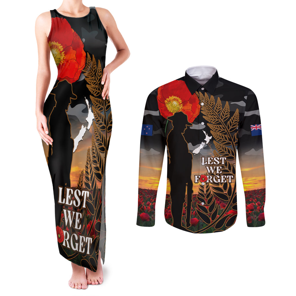New Zealand ANZAC Day Couples Matching Tank Maxi Dress and Long Sleeve Button Shirt Lest We Forget Silver Fern With Camouflage LT14 Black - Polynesian Pride