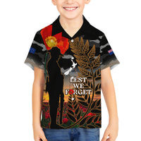 New Zealand ANZAC Day Family Matching Off Shoulder Long Sleeve Dress and Hawaiian Shirt Lest We Forget Silver Fern With Camouflage LT14 Son's Shirt Black - Polynesian Pride