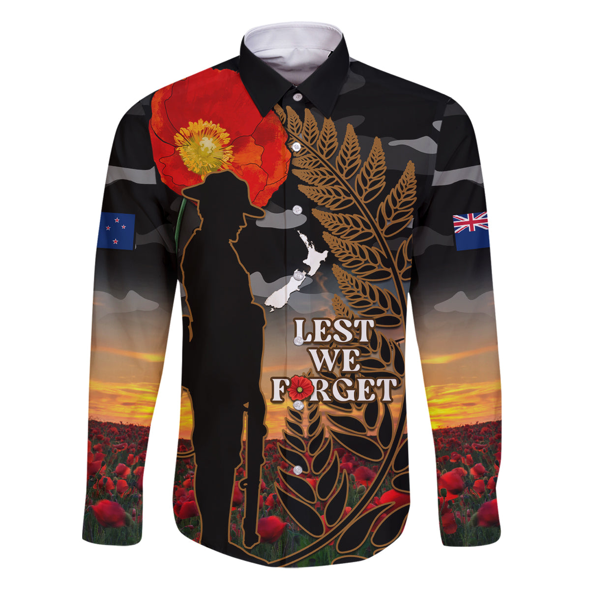 New Zealand ANZAC Day Family Matching Puletasi Dress and Hawaiian Shirt Lest We Forget Silver Fern With Camouflage LT14 Dad's Shirt - Long Sleeve Black - Polynesian Pride
