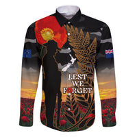 New Zealand ANZAC Day Family Matching Puletasi Dress and Hawaiian Shirt Lest We Forget Silver Fern With Camouflage LT14 Dad's Shirt - Long Sleeve Black - Polynesian Pride