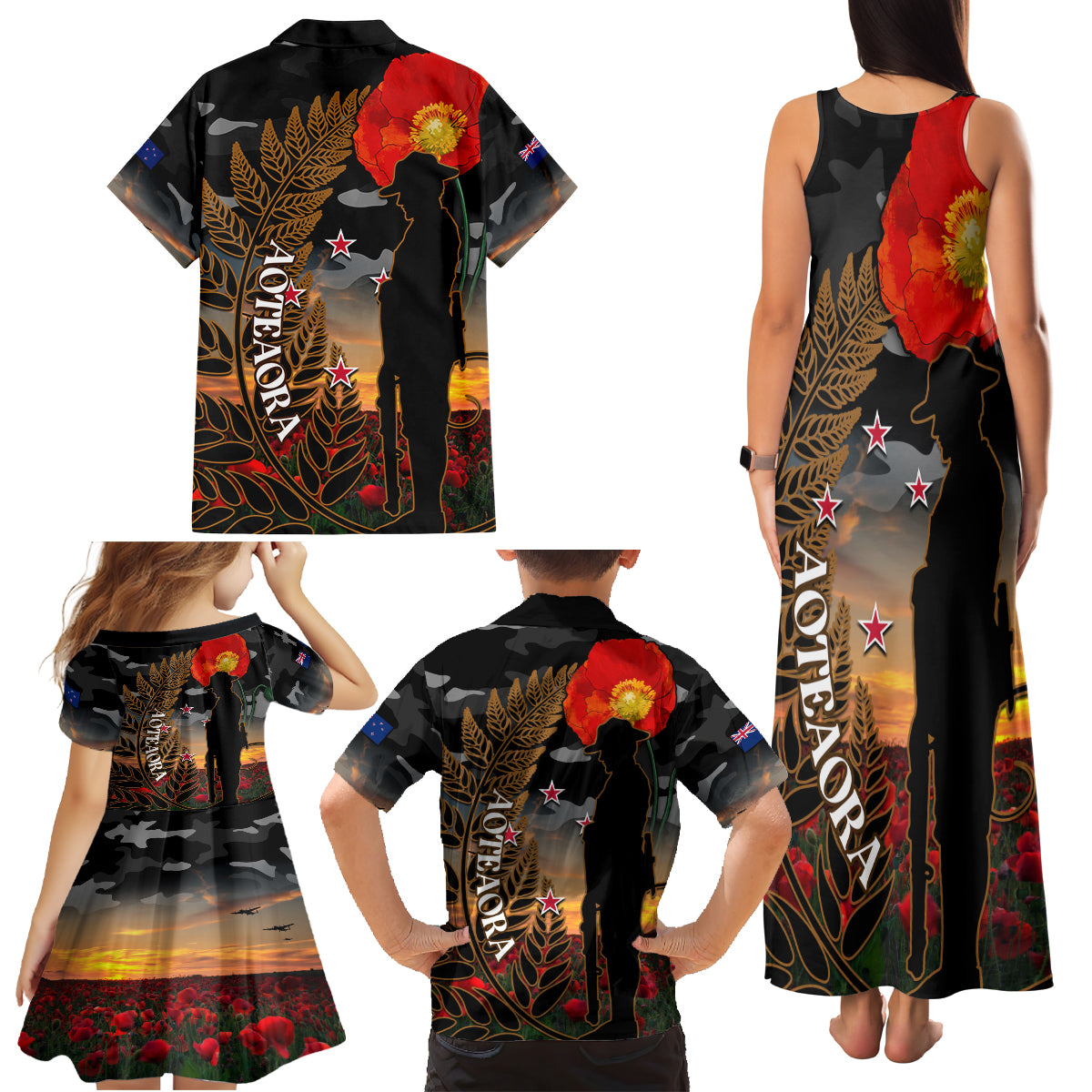New Zealand ANZAC Day Family Matching Tank Maxi Dress and Hawaiian Shirt Lest We Forget Silver Fern With Camouflage LT14 - Polynesian Pride