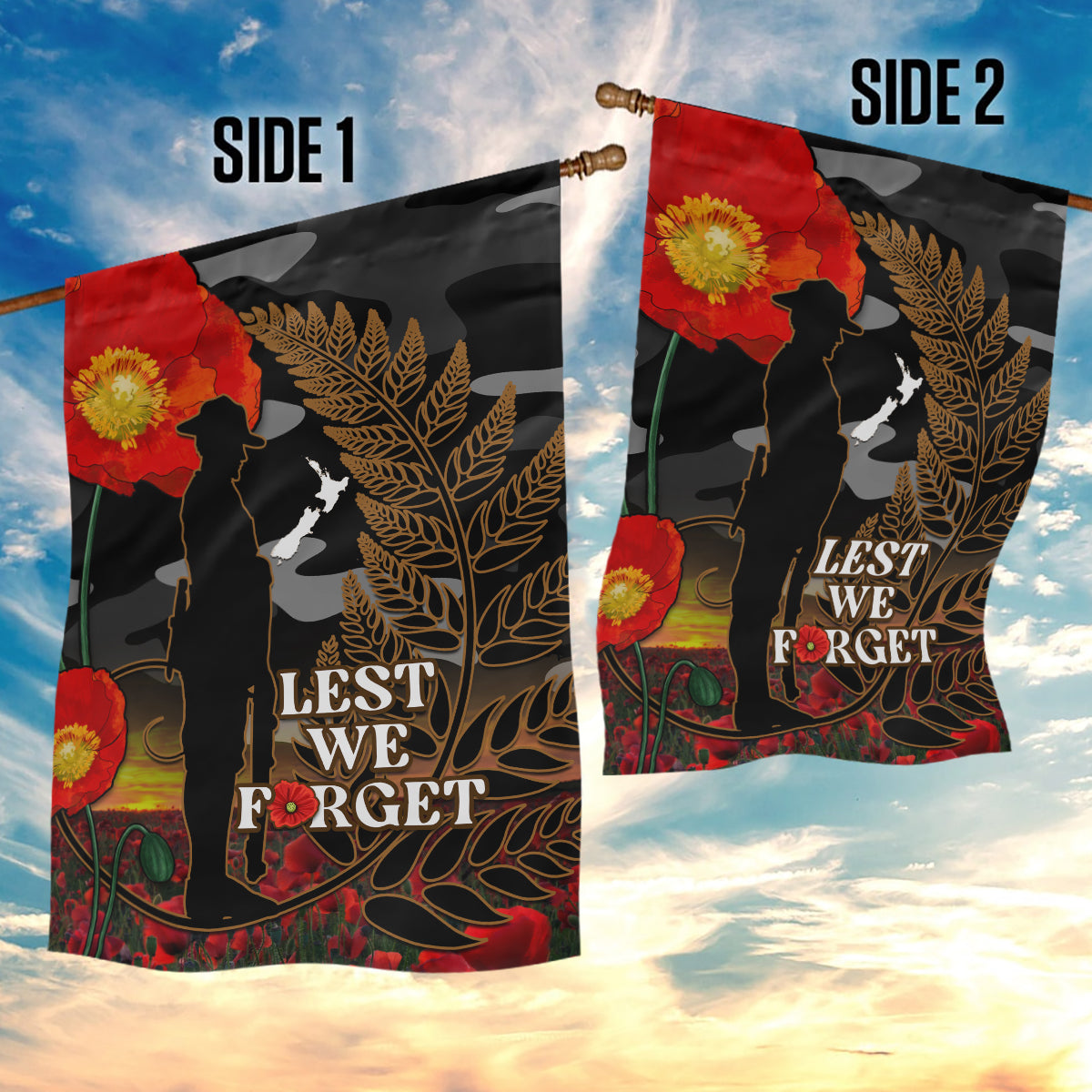 New Zealand ANZAC Day Garden Flag Lest We Forget Silver Fern With Camouflage LT14 - Polynesian Pride