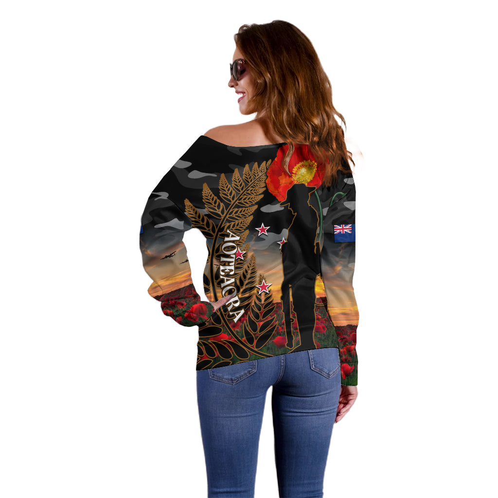 New Zealand ANZAC Day Off Shoulder Sweater Lest We Forget Silver Fern With Camouflage LT14 - Polynesian Pride