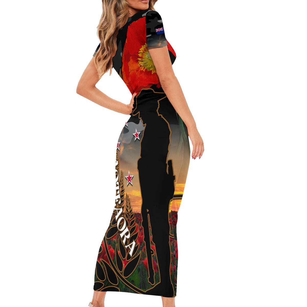 New Zealand ANZAC Day Short Sleeve Bodycon Dress Lest We Forget Silver Fern With Camouflage LT14 - Polynesian Pride