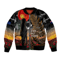 New Zealand ANZAC Day Sleeve Zip Bomber Jacket Lest We Forget Silver Fern With Camouflage LT14 Unisex Black - Polynesian Pride