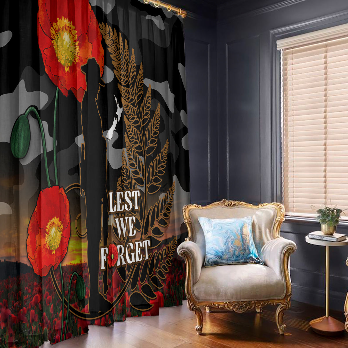 New Zealand ANZAC Day Window Curtain Lest We Forget Silver Fern With Camouflage LT14 - Polynesian Pride
