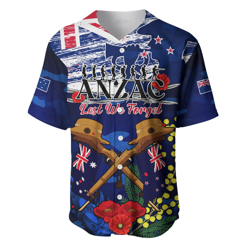 Australia And New Zealand ANZAC Day Baseball Jersey Lest We Forget Silver Fern With Golden Wattle LT14 Blue - Polynesian Pride