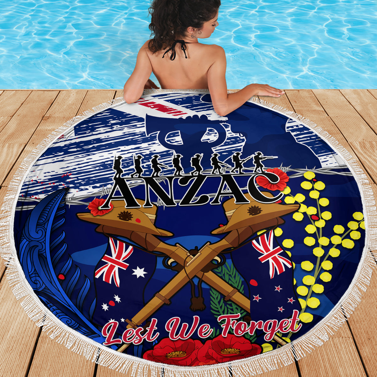 Australia And New Zealand ANZAC Day Beach Blanket Lest We Forget Silver Fern With Golden Wattle LT14 - Polynesian Pride