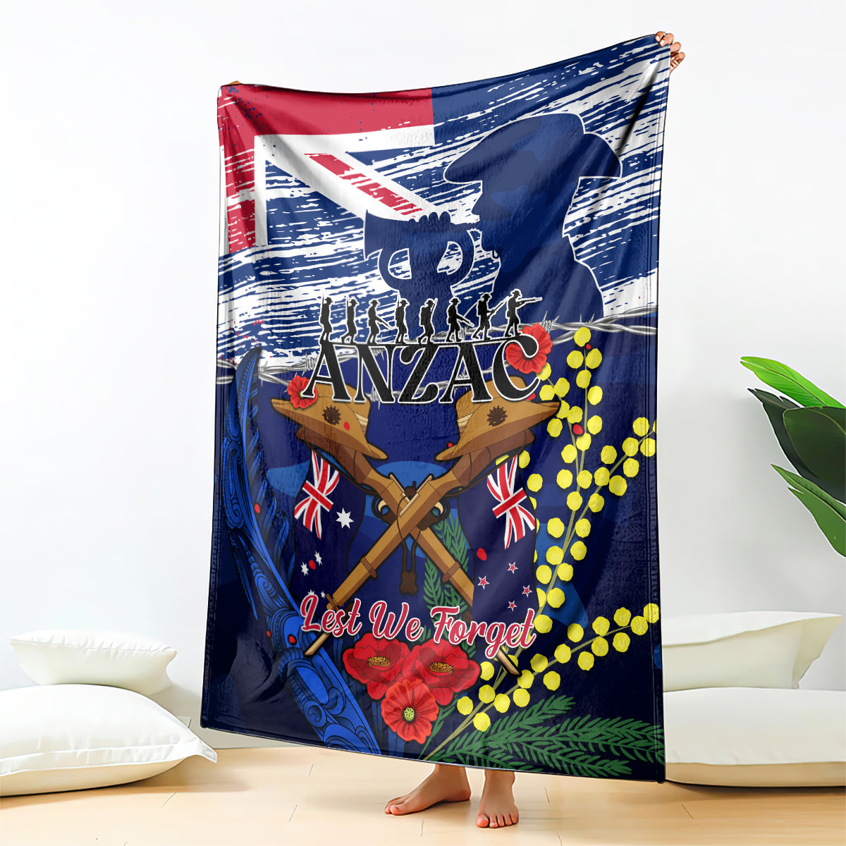 Australia And New Zealand ANZAC Day Blanket Lest We Forget Silver Fern With Golden Wattle LT14 Blue - Polynesian Pride