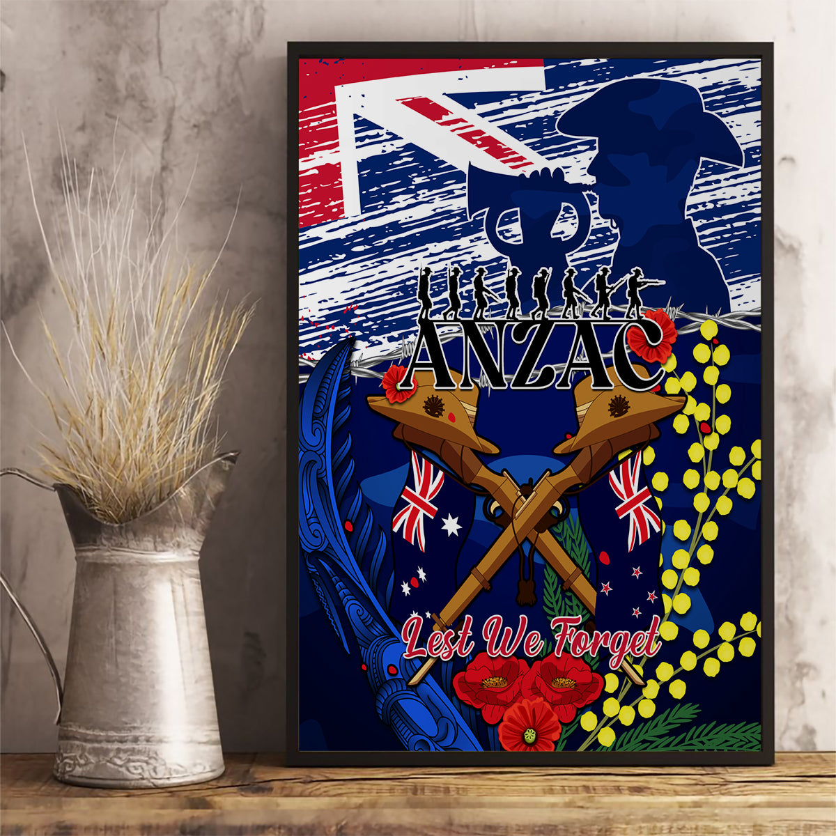 Australia And New Zealand ANZAC Day Canvas Wall Art Lest We Forget Silver Fern With Golden Wattle LT14 - Polynesian Pride