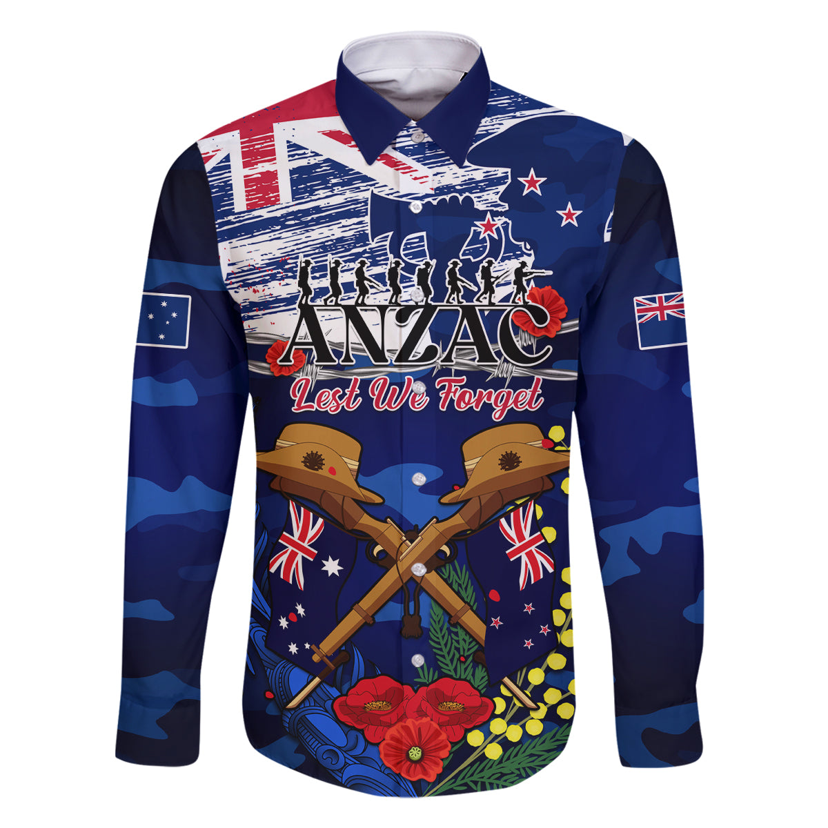 Australia And New Zealand ANZAC Day Family Matching Mermaid Dress and Hawaiian Shirt Lest We Forget Silver Fern With Golden Wattle LT14 Dad's Shirt - Long Sleeve Blue - Polynesian Pride