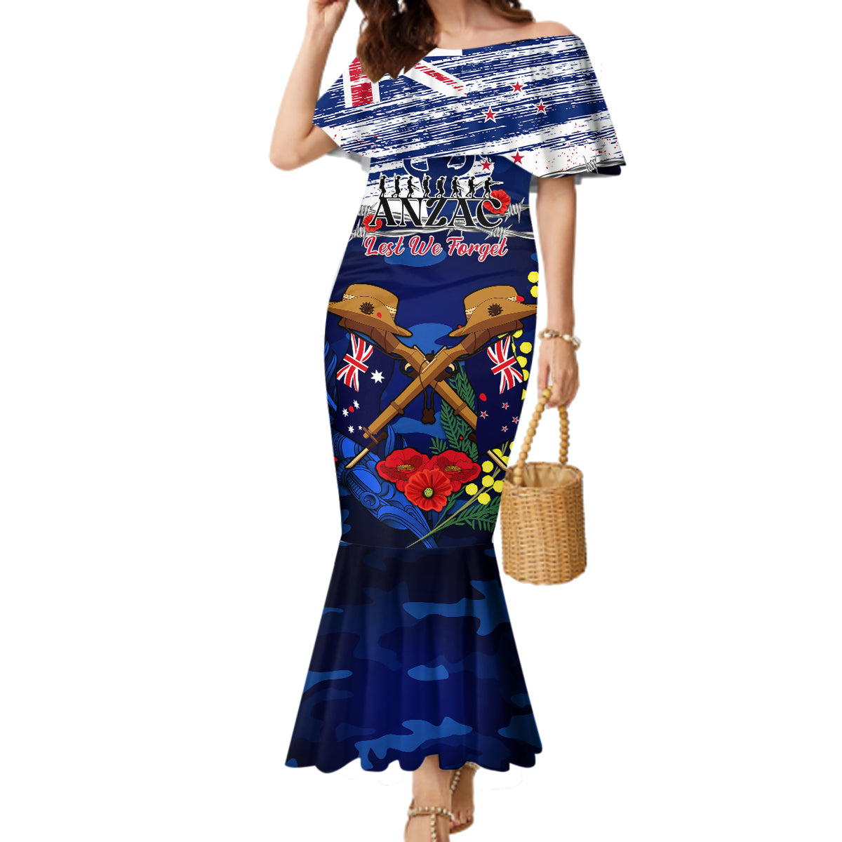 Australia And New Zealand ANZAC Day Family Matching Mermaid Dress and Hawaiian Shirt Lest We Forget Silver Fern With Golden Wattle LT14 Mom's Dress Blue - Polynesian Pride