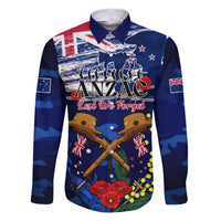Australia And New Zealand ANZAC Day Family Matching Puletasi Dress and Hawaiian Shirt Lest We Forget Silver Fern With Golden Wattle LT14 Dad's Shirt - Long Sleeve Blue - Polynesian Pride