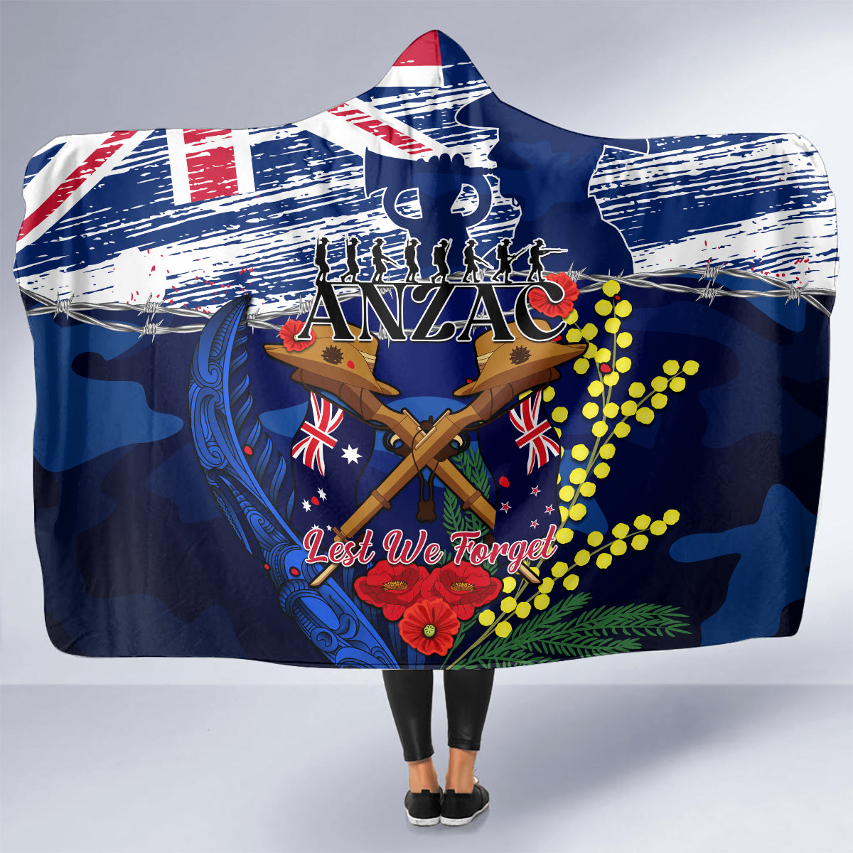 Australia And New Zealand ANZAC Day Hooded Blanket Lest We Forget Silver Fern With Golden Wattle LT14 - Polynesian Pride