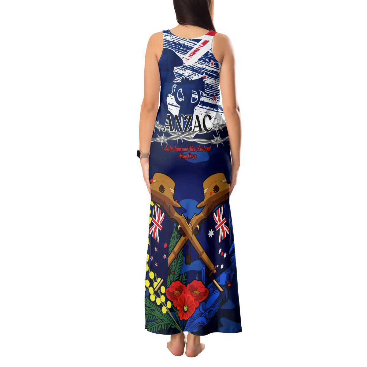 Australia And New Zealand ANZAC Day Tank Maxi Dress Lest We Forget Silver Fern With Golden Wattle LT14 - Polynesian Pride