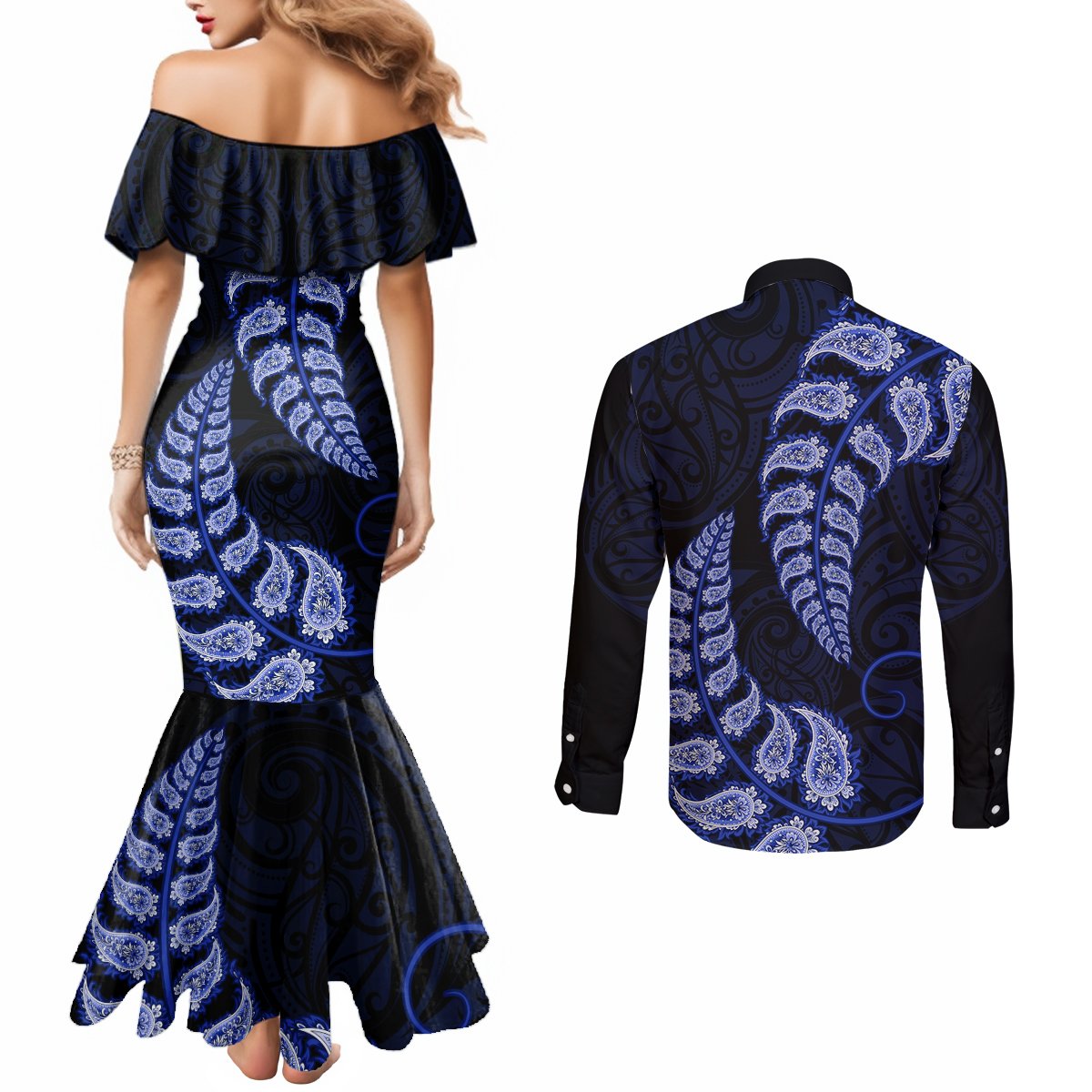 Blue New Zealand Paisley Silver Fern Couples Matching Mermaid Dress and Long Sleeve Button Shirt Aotearoa Maori LT14 - Polynesian Pride