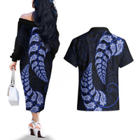Blue New Zealand Paisley Silver Fern Couples Matching Off The Shoulder Long Sleeve Dress and Hawaiian Shirt Aotearoa Maori LT14 - Polynesian Pride