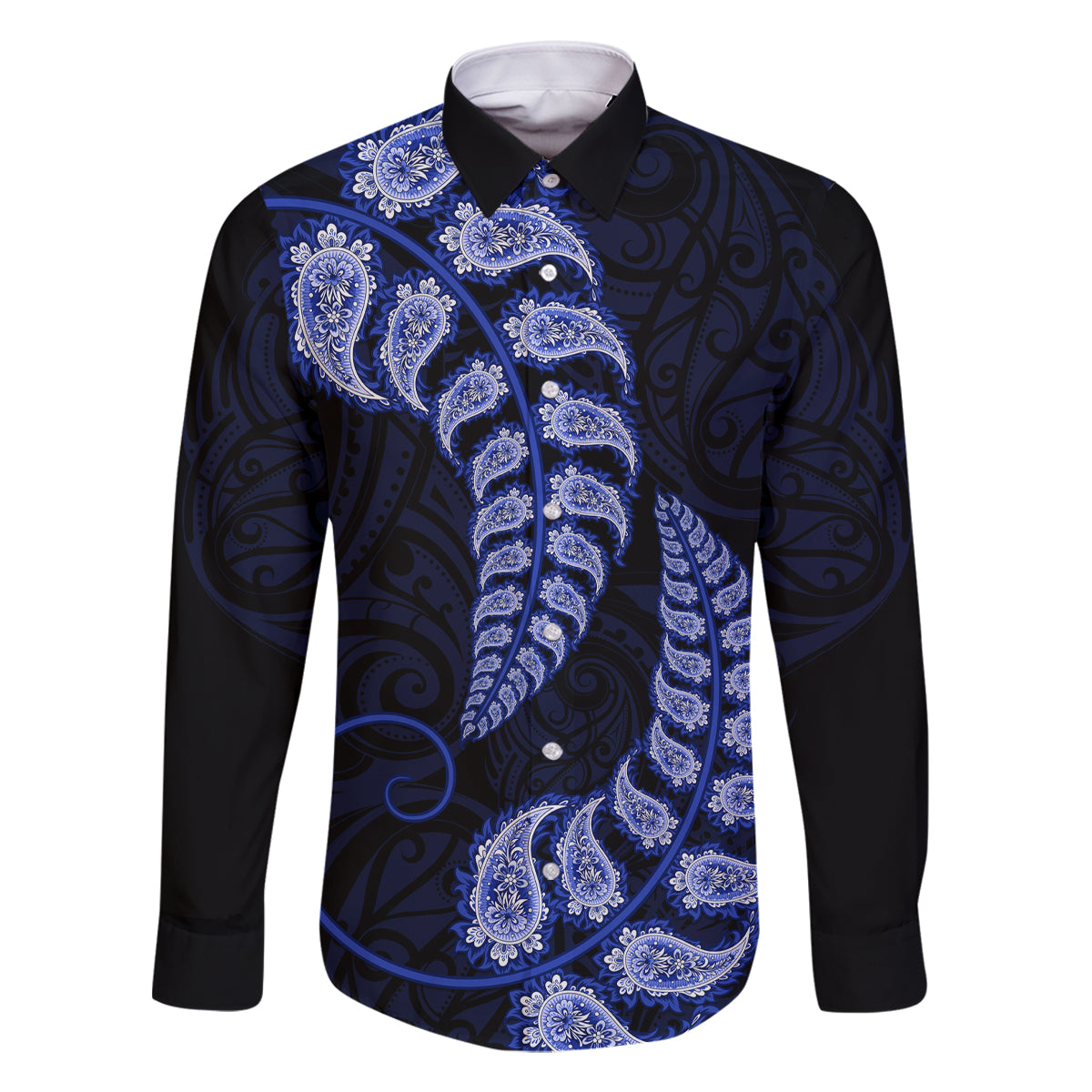 Blue New Zealand Paisley Silver Fern Family Matching Off Shoulder Long Sleeve Dress and Hawaiian Shirt Aotearoa Maori LT14 Dad's Shirt - Long Sleeve Blue - Polynesian Pride