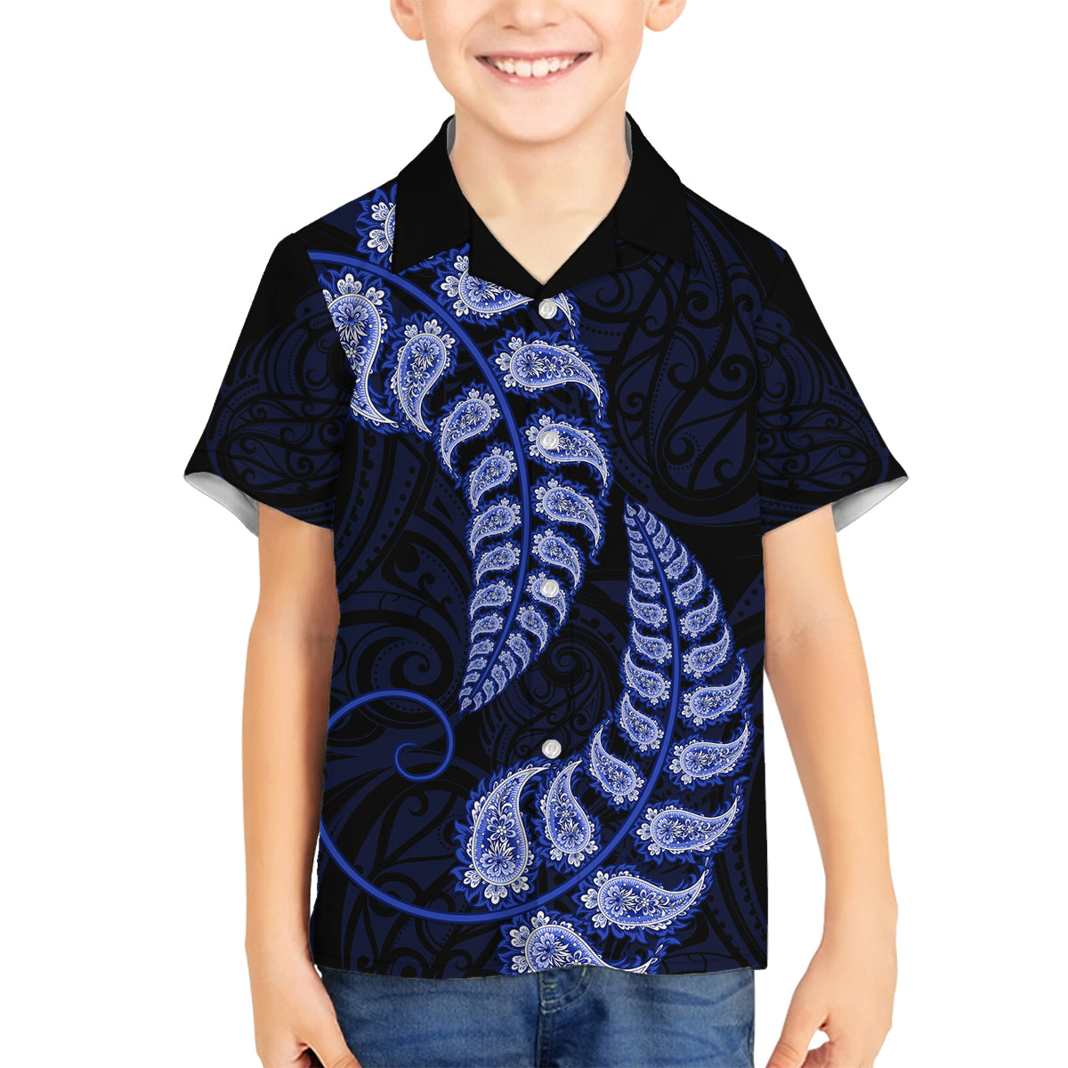 Blue New Zealand Paisley Silver Fern Family Matching Off Shoulder Short Dress and Hawaiian Shirt Aotearoa Maori LT14 Son's Shirt Blue - Polynesian Pride