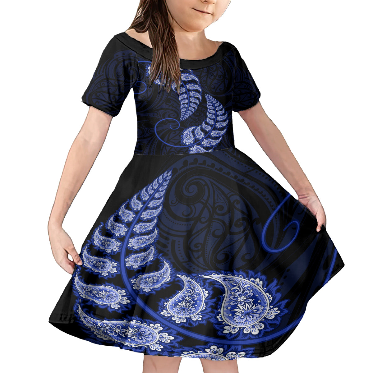 Blue New Zealand Paisley Silver Fern Kid Short Sleeve Dress Aotearoa Maori LT14 KID Blue - Polynesian Pride