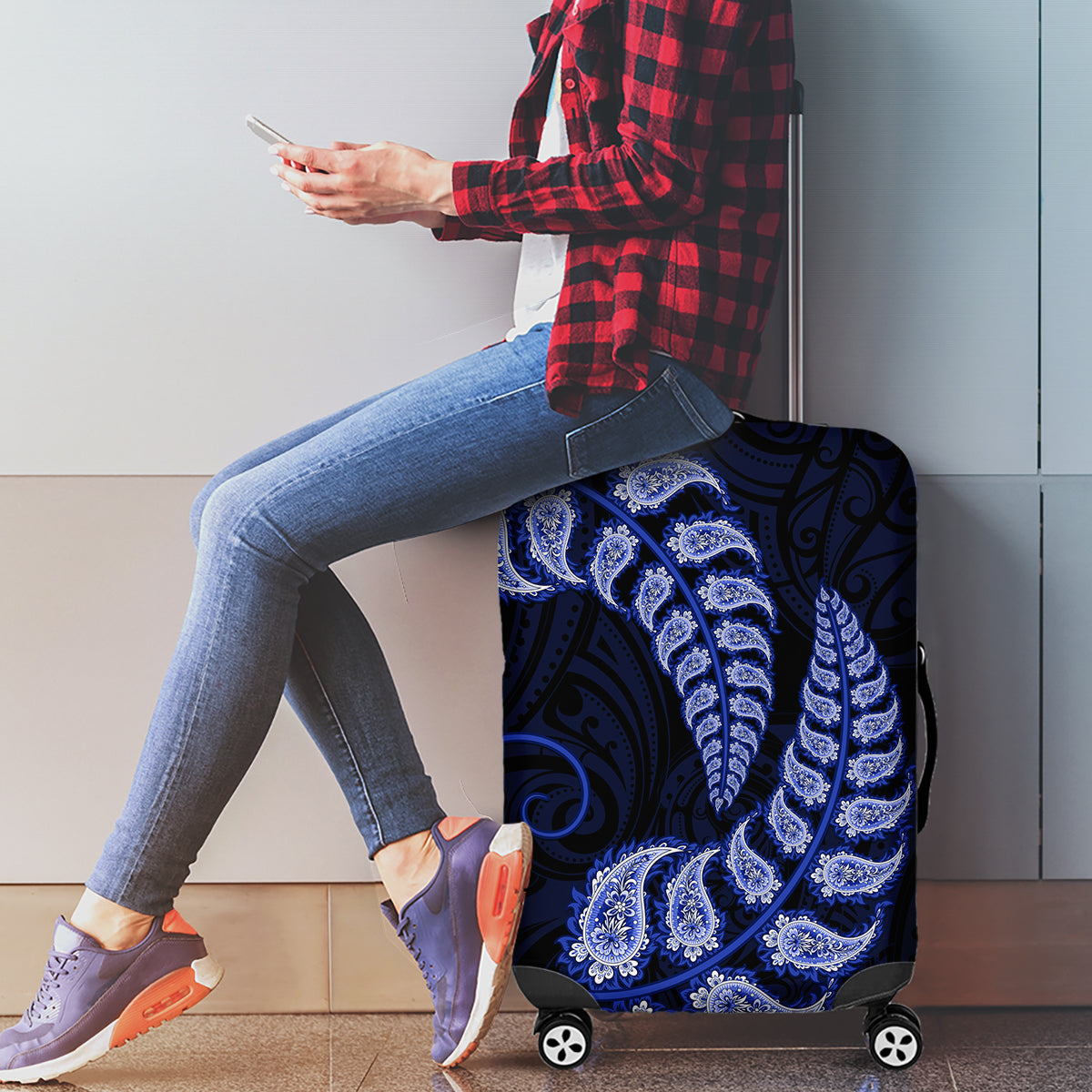 Blue New Zealand Paisley Silver Fern Luggage Cover Aotearoa Maori LT14 - Polynesian Pride