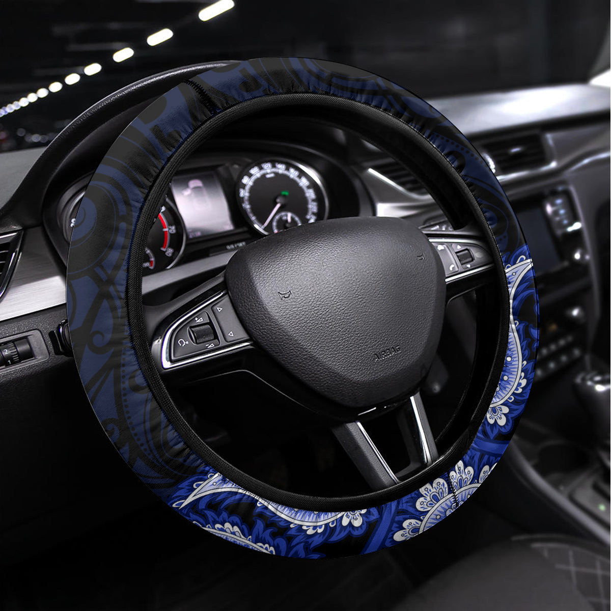 Blue New Zealand Paisley Silver Fern Steering Wheel Cover Aotearoa Maori LT14 Universal Fit Blue - Polynesian Pride