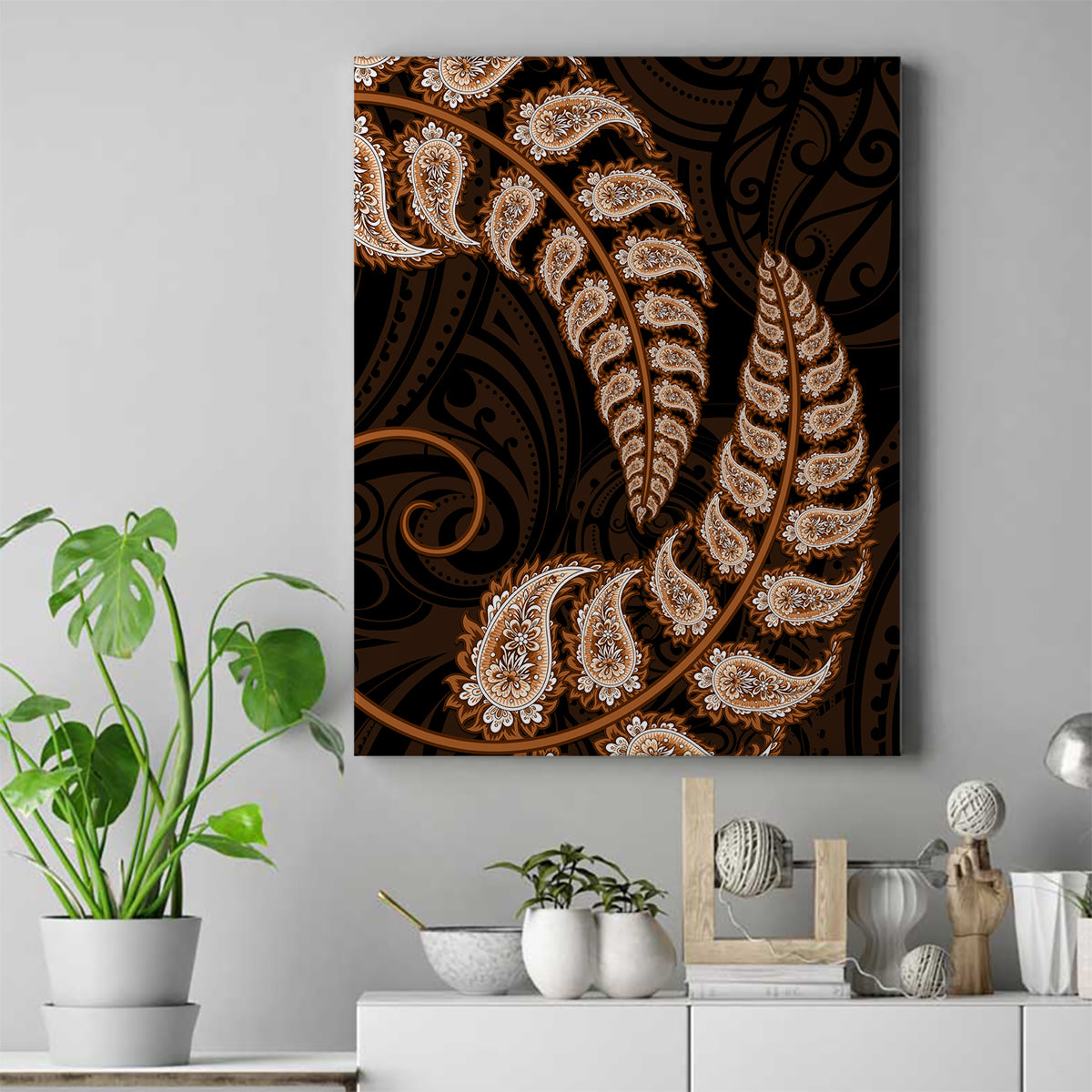 Brown New Zealand Paisley Silver Fern Canvas Wall Art Aotearoa Maori LT14 Brown - Polynesian Pride