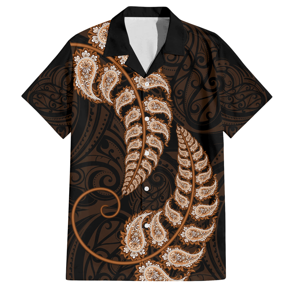 Brown New Zealand Paisley Silver Fern Family Matching Long Sleeve Bodycon Dress and Hawaiian Shirt Aotearoa Maori LT14 Dad's Shirt - Short Sleeve Brown - Polynesian Pride