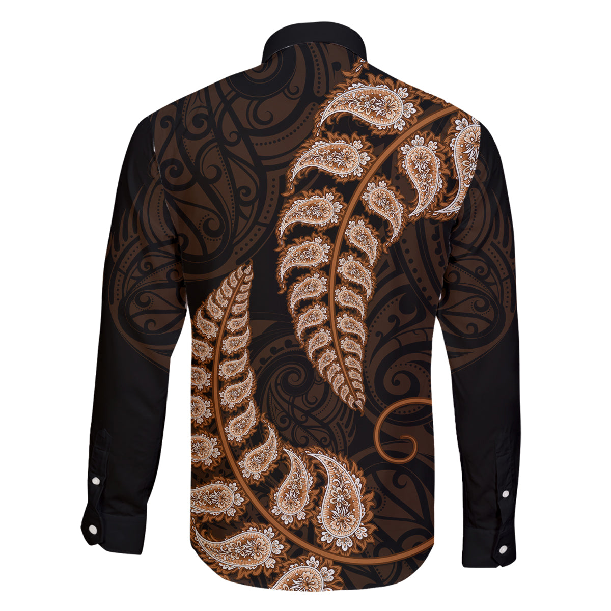 Brown New Zealand Paisley Silver Fern Family Matching Long Sleeve Bodycon Dress and Hawaiian Shirt Aotearoa Maori LT14 - Polynesian Pride