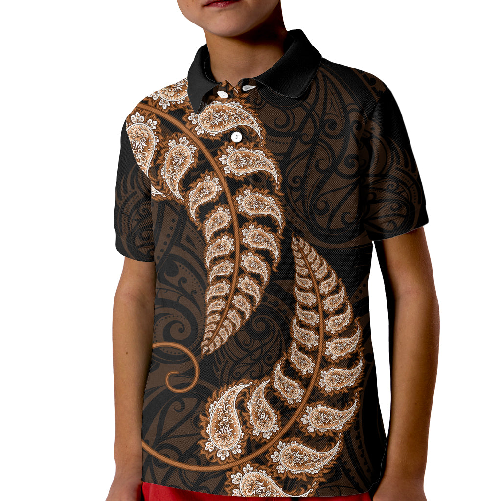 Brown New Zealand Paisley Silver Fern Kid Polo Shirt Aotearoa Maori LT14 Kid Brown - Polynesian Pride