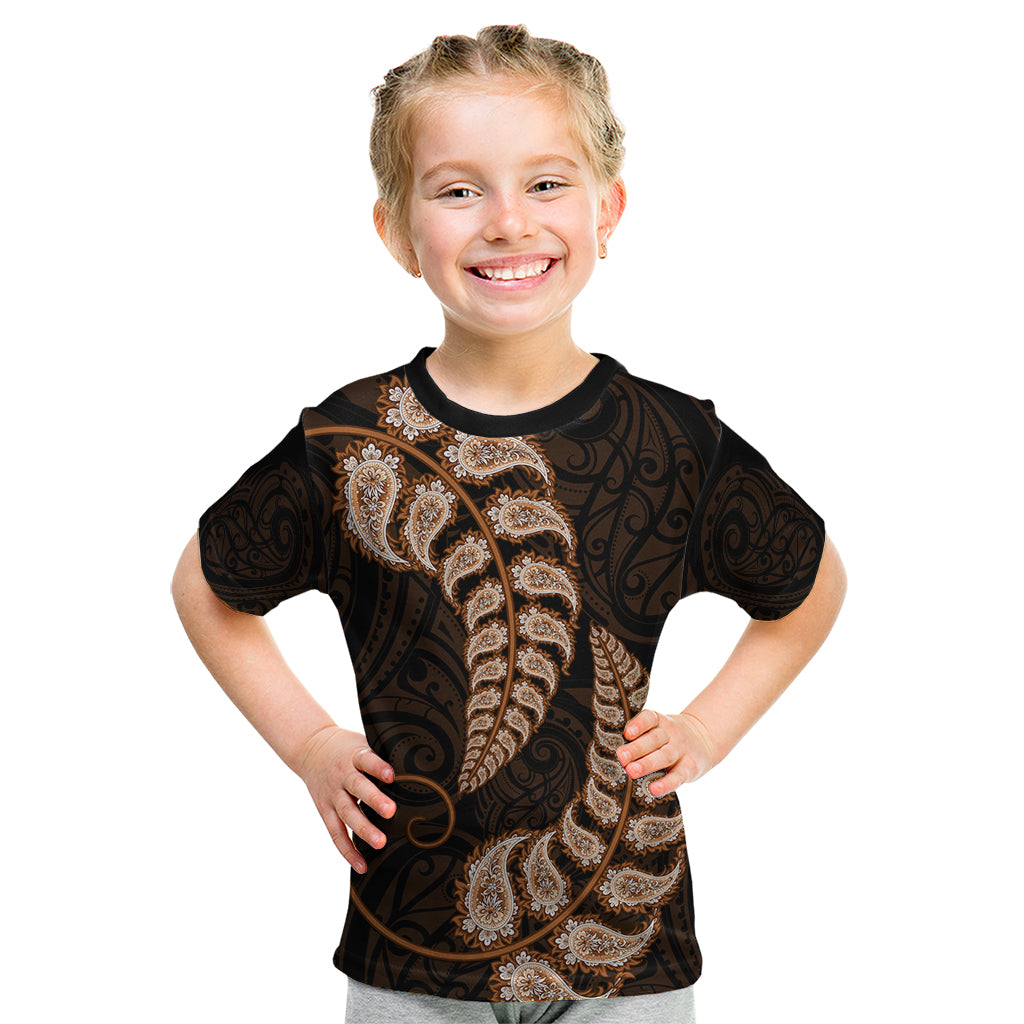 Brown New Zealand Paisley Silver Fern Kid T Shirt Aotearoa Maori LT14 Brown - Polynesian Pride