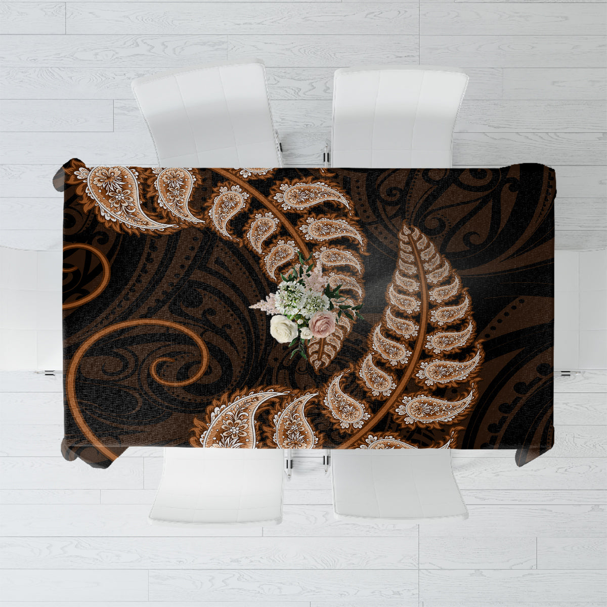 Brown New Zealand Paisley Silver Fern Tablecloth Aotearoa Maori LT14 Brown - Polynesian Pride