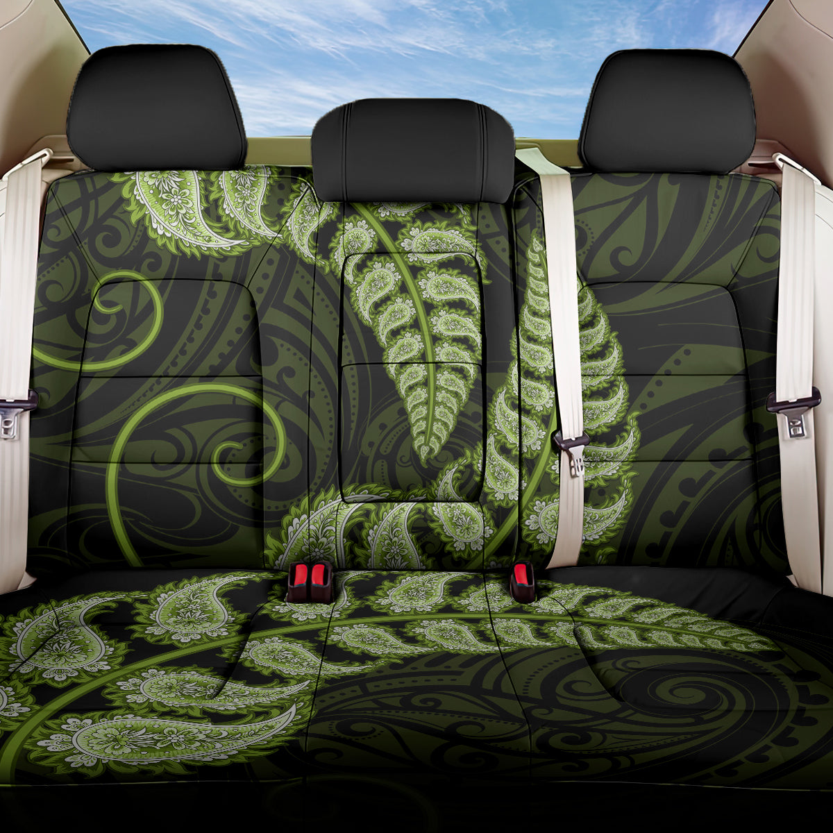 Green New Zealand Paisley Silver Fern Back Car Seat Cover Aotearoa Maori LT14 One Size Green - Polynesian Pride