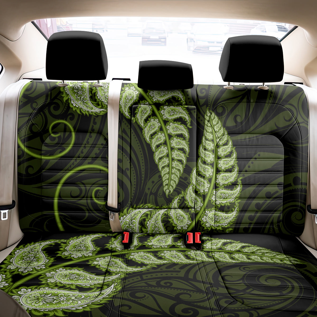 Green New Zealand Paisley Silver Fern Back Car Seat Cover Aotearoa Maori LT14 - Polynesian Pride