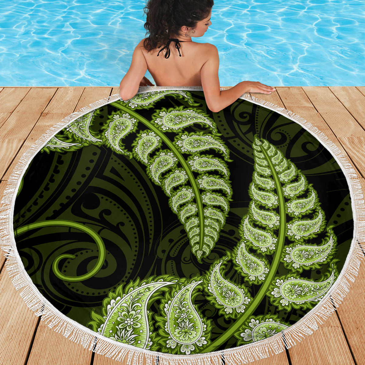 Green New Zealand Paisley Silver Fern Beach Blanket Aotearoa Maori LT14 - Polynesian Pride
