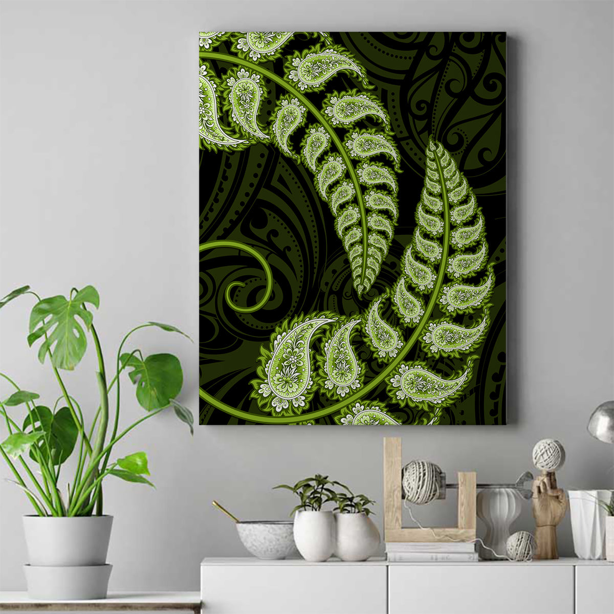 Green New Zealand Paisley Silver Fern Canvas Wall Art Aotearoa Maori LT14 Green - Polynesian Pride