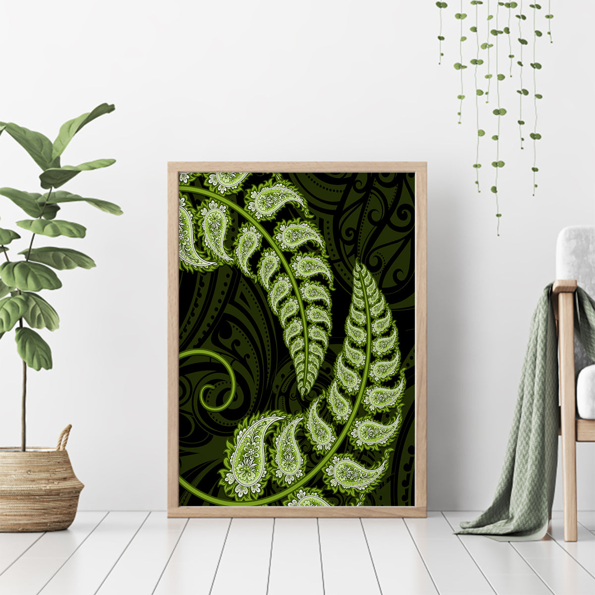 Green New Zealand Paisley Silver Fern Canvas Wall Art Aotearoa Maori LT14 - Polynesian Pride